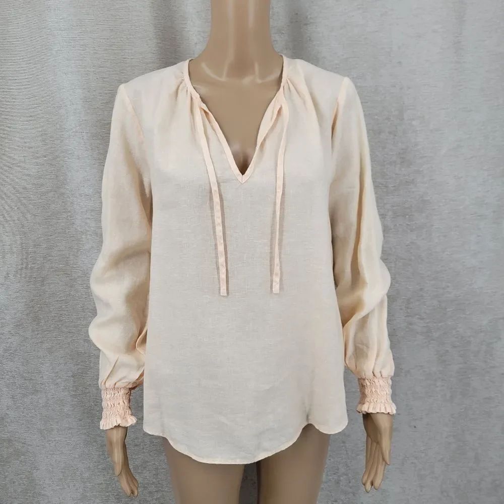 Linen cloth & stone Peach Tie-Front V-Neck Blouse Long Sleeves